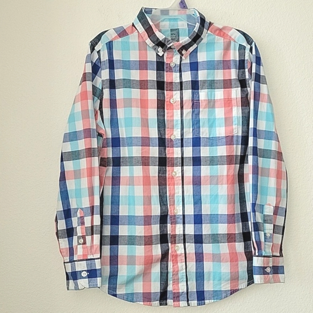 Wonder Nation Boy's Long Sleeve Button Down Spring Shirt, L(10/12), Pastel, EUC